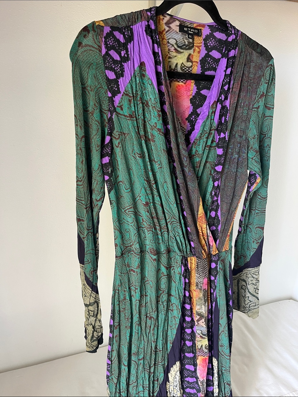 Etro Teal, Purple and Black Printed Wrap-Style Long Sleeve Dress